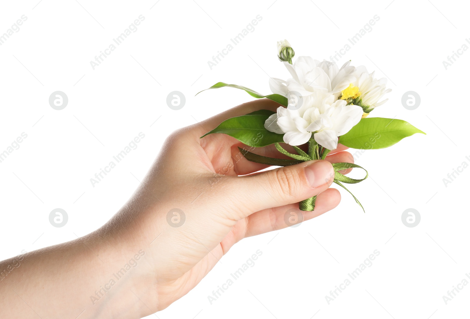 Photo of Woman with beautiful boutonniere on white background, closeup