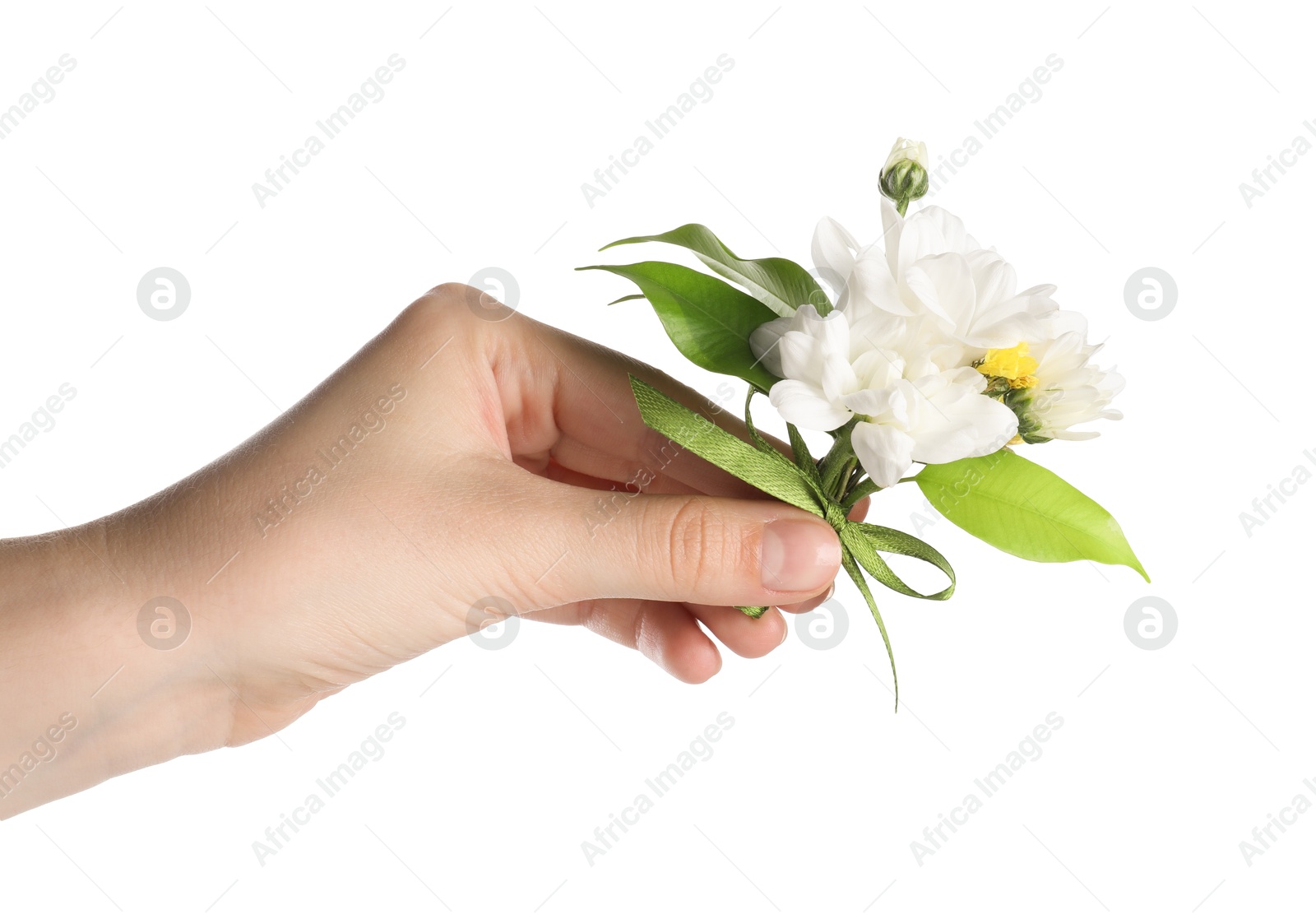Photo of Woman with beautiful boutonniere on white background, closeup