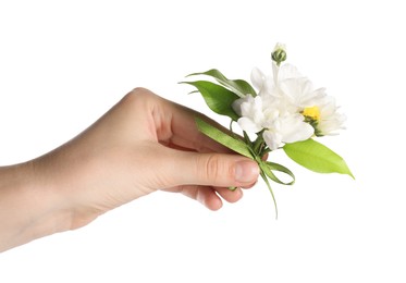 Photo of Woman with beautiful boutonniere on white background, closeup