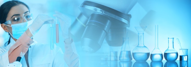 Image of Laboratory analysis. Scientist holding test tubes, multiple exposure with glassware and microscope
