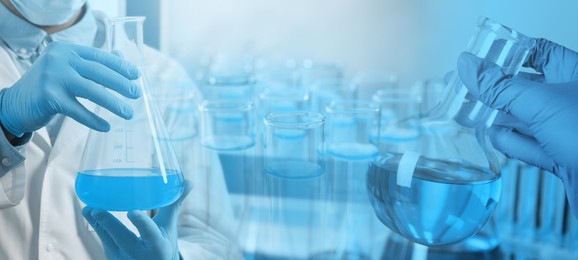 Image of Laboratory analysis. Scientists holding flasks, double exposure with test tubes