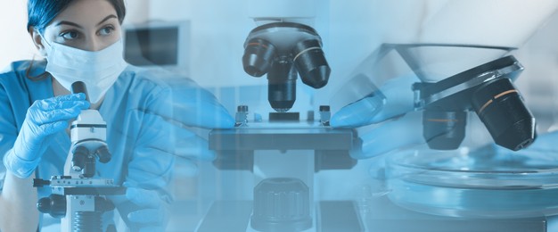 Image of Laboratory analysis. Scientists working with microscopes, multiple exposure