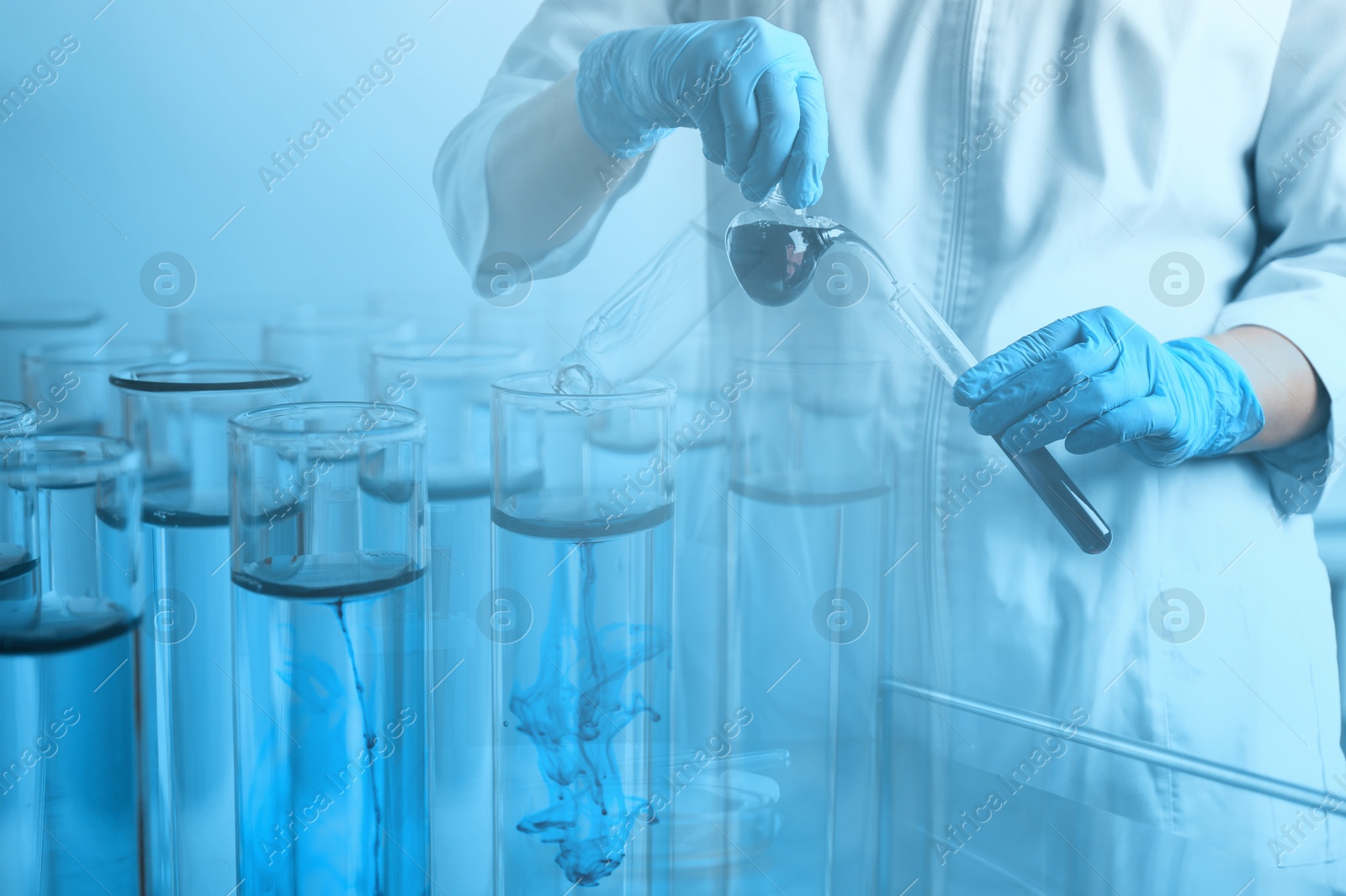 Image of Laboratory analysis. Scientist working with glassware, double exposure with test tubes