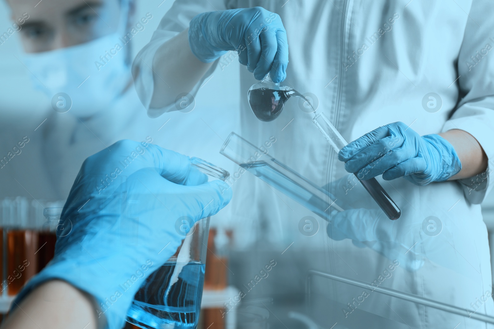 Image of Laboratory analysis. Scientists working with glassware, multiple exposure