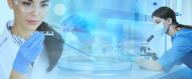 Image of Laboratory analysis. Scientists working with microscope and glassware, multiple exposure