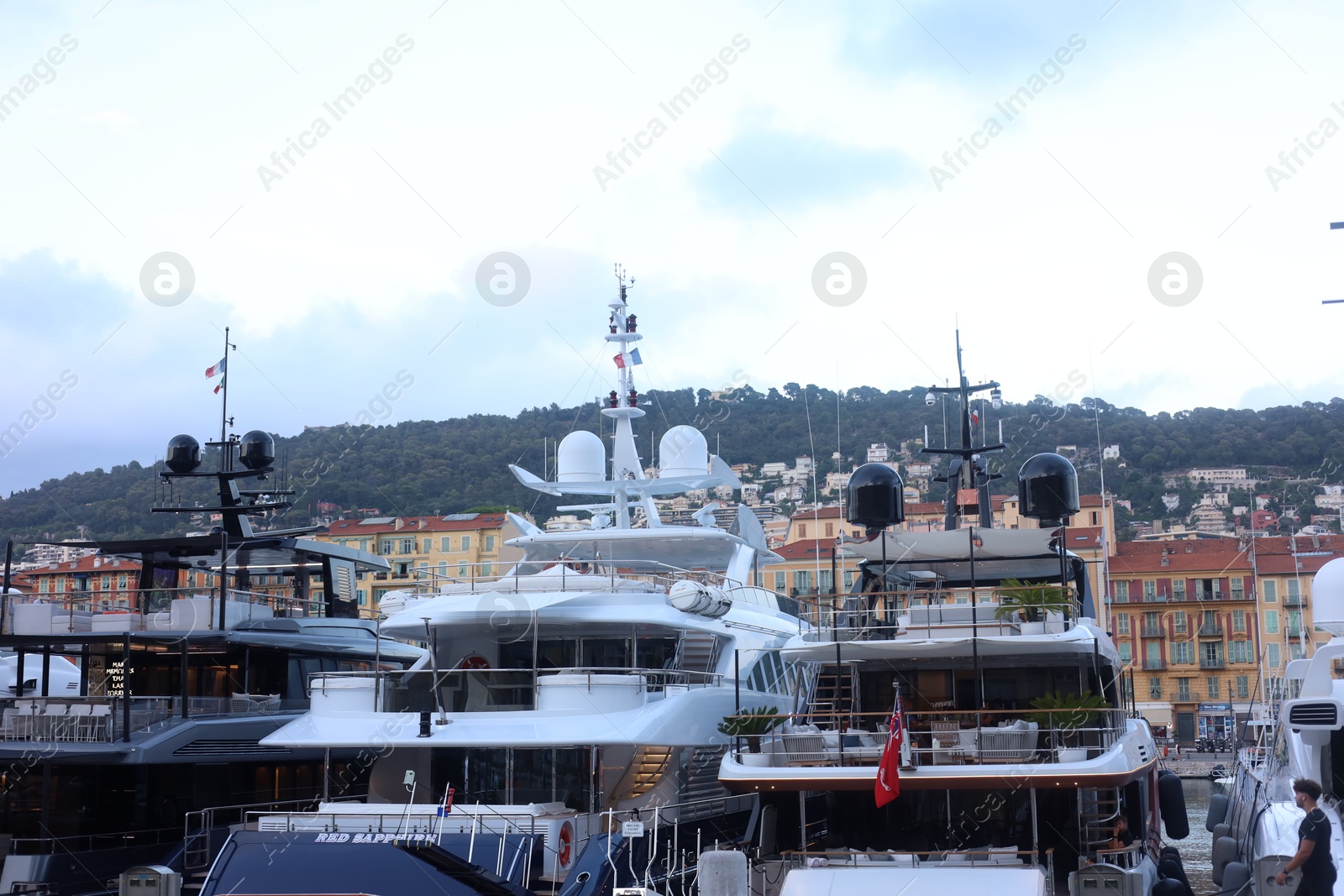 Nice, France - August 24, 2025: Picturesque view of moored boats in harbor near city Photo of Nice, France - August 24, 2025: Picturesque view of moored boats in harbor near city