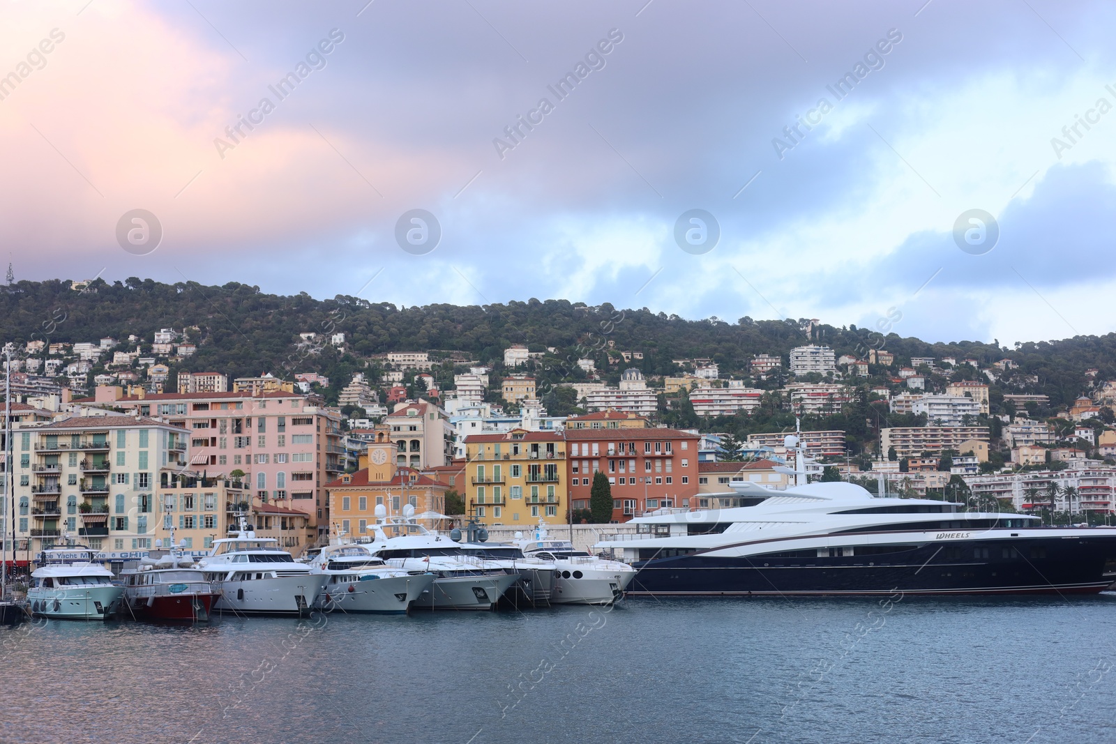Nice, France - August 24, 2025: Picturesque view of moored boats in harbor near city Photo of Nice, France - August 24, 2025: Picturesque view of moored boats in harbor near city