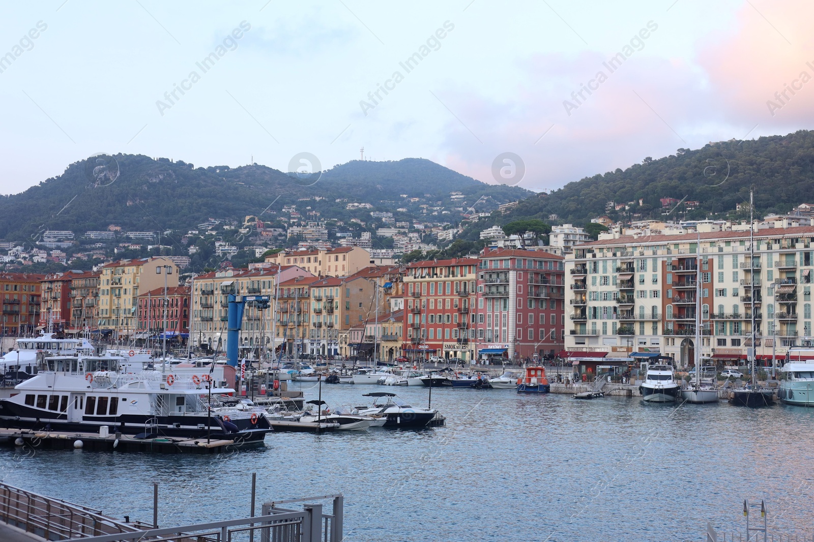 Nice, France - August 24, 2025: Picturesque view of moored boats in harbor near city Photo of Nice, France - August 24, 2025: Picturesque view of moored boats in harbor near city