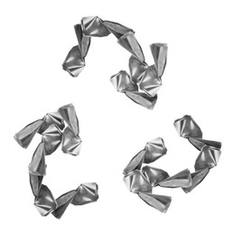 Image of Recycle sign. Chasing arrows made of crushed cans on white background