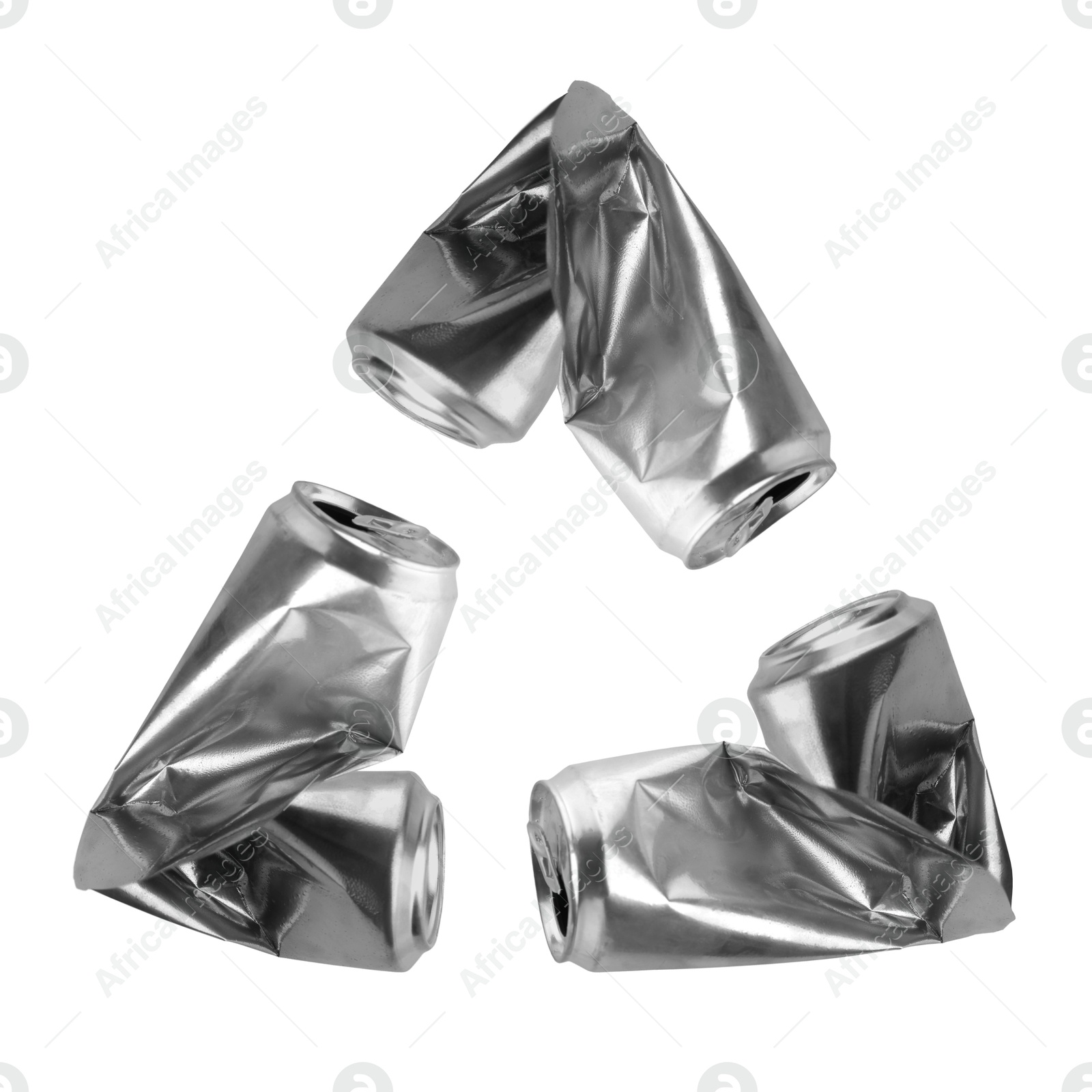 Image of Recycle sign made of crushed cans on white background