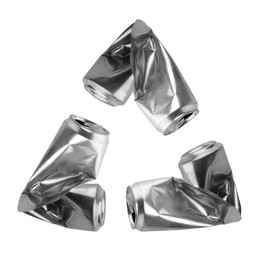 Image of Recycle sign made of crushed cans on white background