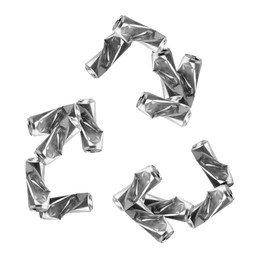 Image of Recycle sign. Chasing arrows made of crushed cans on white background