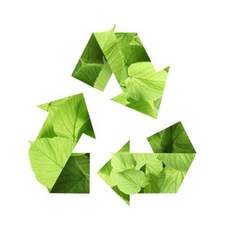 Image of Recycle sign. Chasing arrows with pattern of green leaves on white background