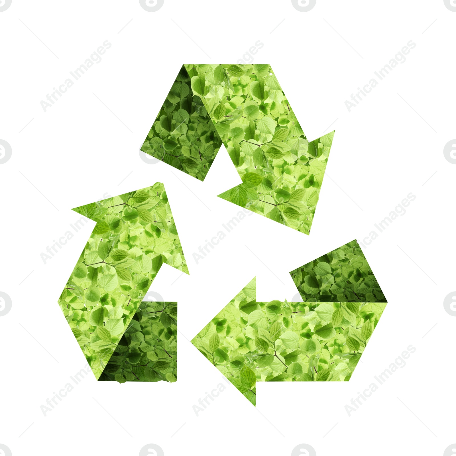 Image of Recycle sign. Chasing arrows with pattern of green leaves on white background