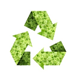 Image of Recycle sign. Chasing arrows with pattern of green leaves on white background