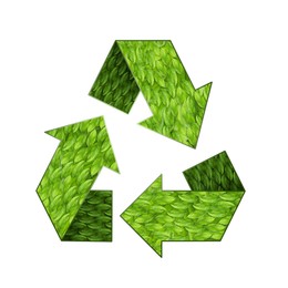 Image of Recycle sign. Chasing arrows with pattern of green leaves on white background