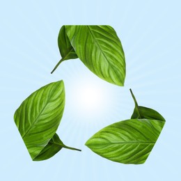 Image of Recycle sign made of green leaves on light blue background