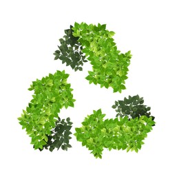 Image of Recycle sign. Chasing arrows with pattern of green leaves on white background