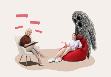 Image of Creative collage showing psychologist working with client. Scary monster behind woman representing her problems