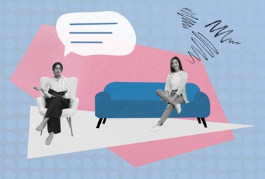 Image of Psychologist and client, creative collage. Speech balloon above therapist and doodles above woman