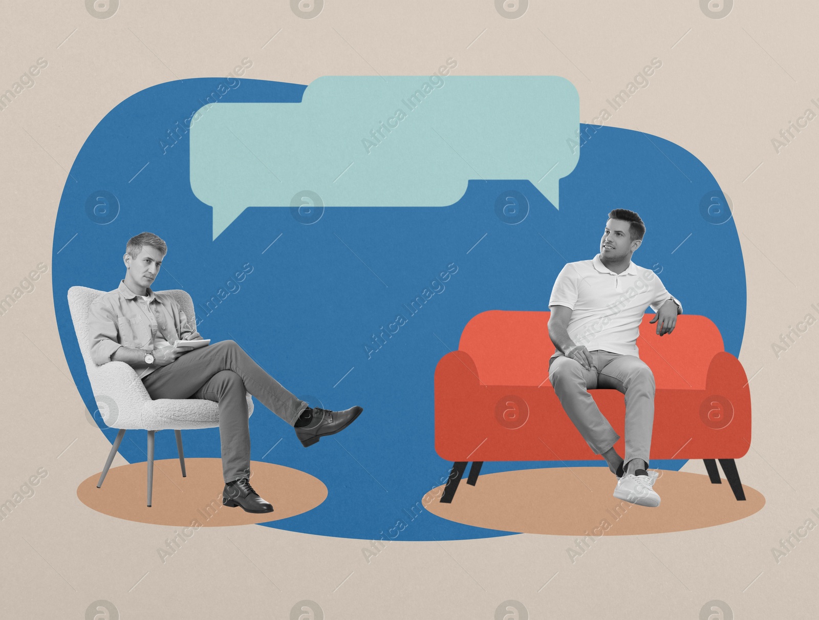 Image of Psychologist working with client, creative collage. Speech balloons above men