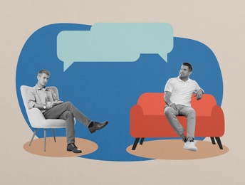 Image of Psychologist working with client, creative collage. Speech balloons above men