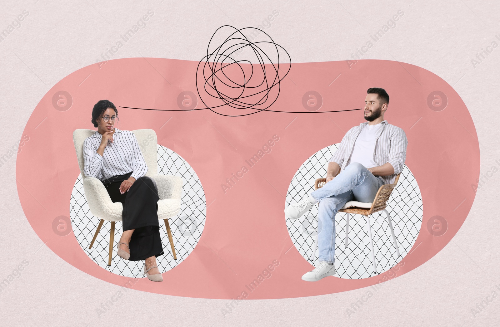 Image of Psychologist working with client, creative collage. Tangled line between them symbolizing process of therapy