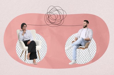 Image of Psychologist working with client, creative collage. Tangled line between them symbolizing process of therapy