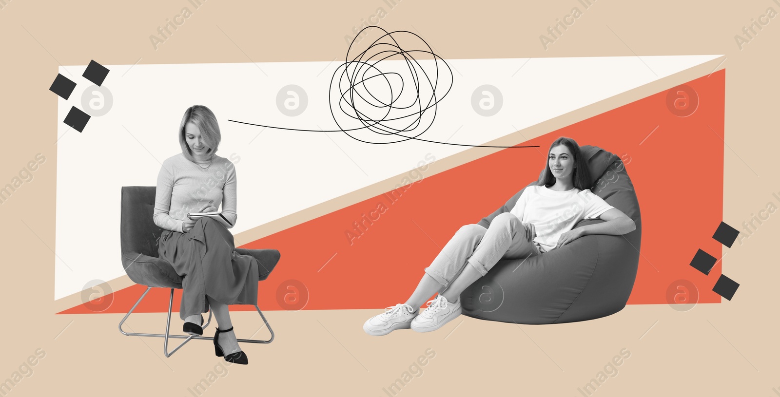 Image of Psychologist working with client, creative collage. Tangled line between them symbolizing process of therapy