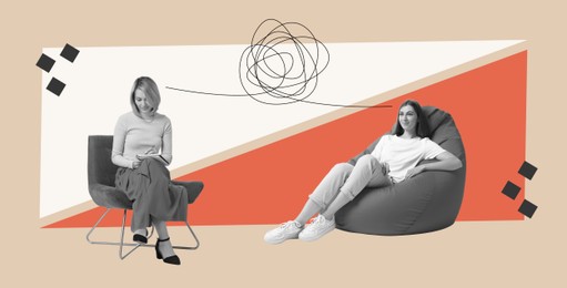 Image of Psychologist working with client, creative collage. Tangled line between them symbolizing process of therapy