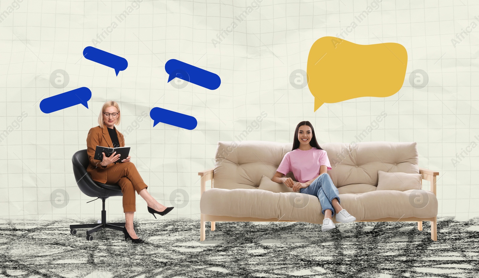 Image of Psychologist and client, creative collage. Speech balloons above them