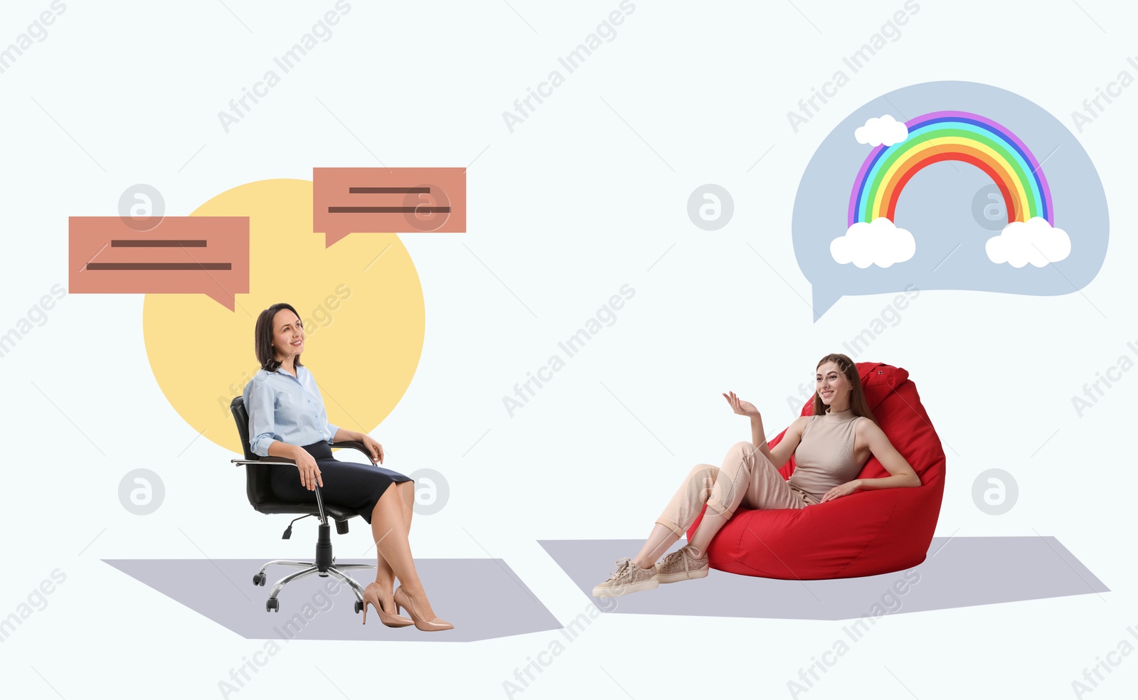 Image of Psychologist working with client, creative collage. Speech balloon with rainbow inside above woman symbolizing positive result of therapy