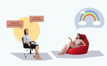 Image of Psychologist working with client, creative collage. Speech balloon with rainbow inside above woman symbolizing positive result of therapy