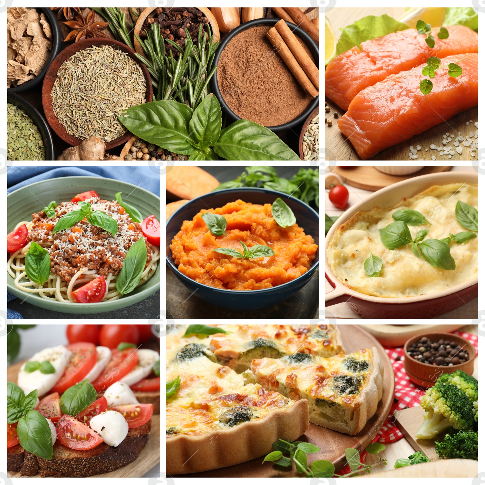 Image of Seasoned taste. Collection of dishes with added herbs and set of spices