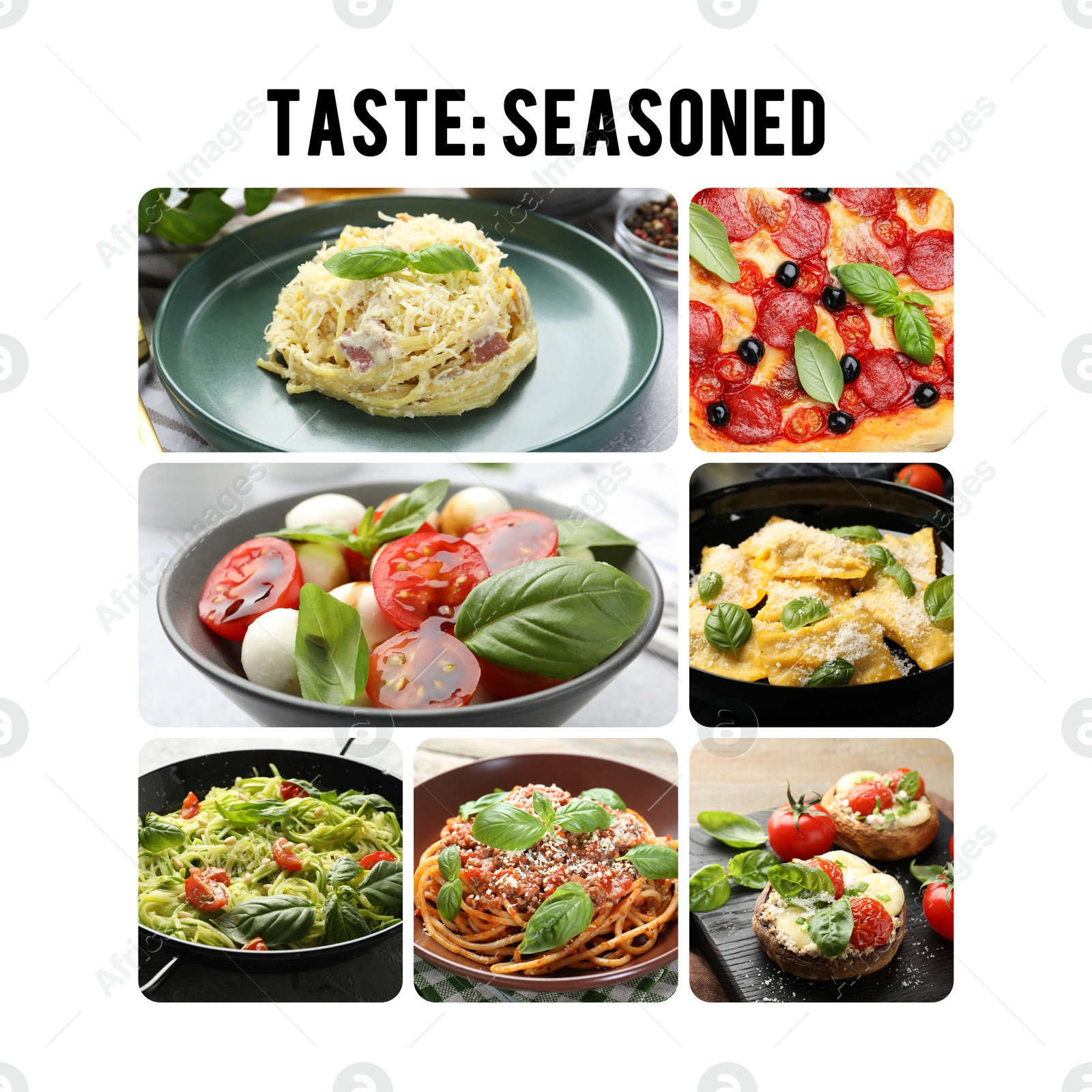 Image of Seasoned taste. Collection of dishes with added basil on white background