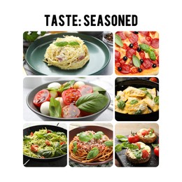Image of Seasoned taste. Collection of dishes with added basil on white background