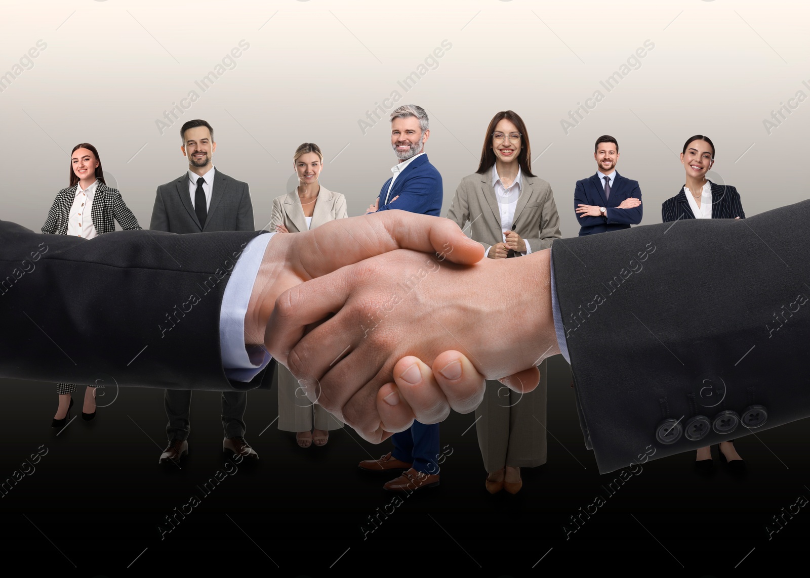 Image of Partners shaking hands against group of business people