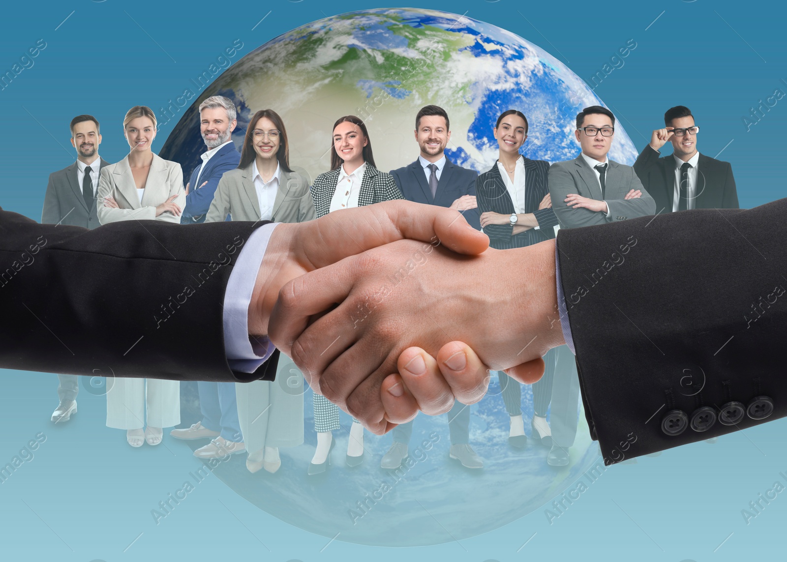 Image of Partners shaking hands against group of business people and globe