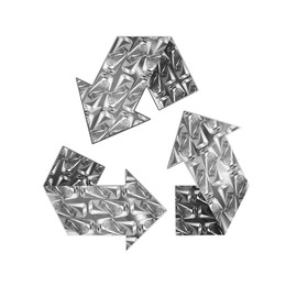 Image of Recycle sign. Chasing arrows with pattern of crushed cans on white background