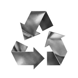 Image of Recycle sign. Chasing arrows made of metal on white background