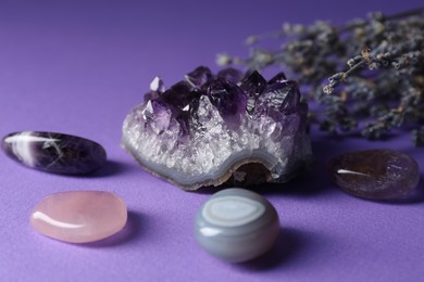 Photo of Beautiful amethyst gemstone and lavender flowers on purple background, closeup