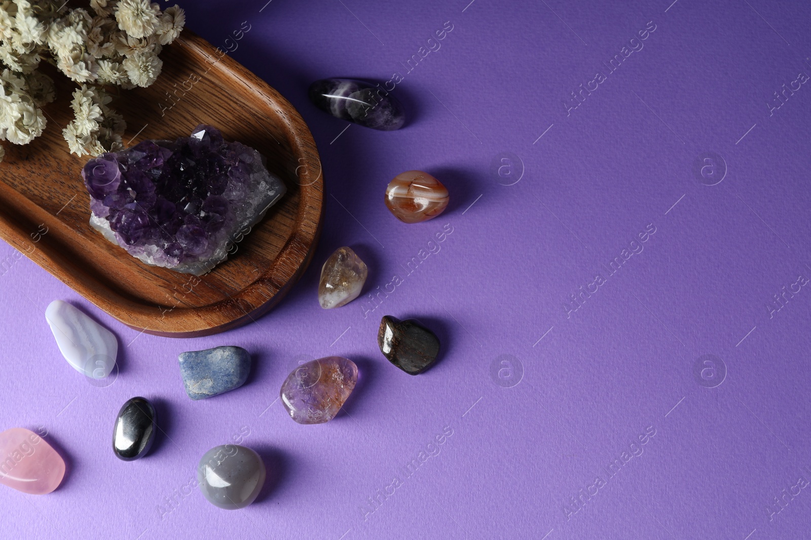 Photo of Different beautiful gemstones and flowers on purple background, flat lay. Space for text