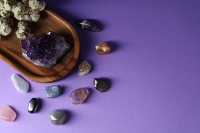 Photo of Different beautiful gemstones and flowers on purple background, flat lay. Space for text