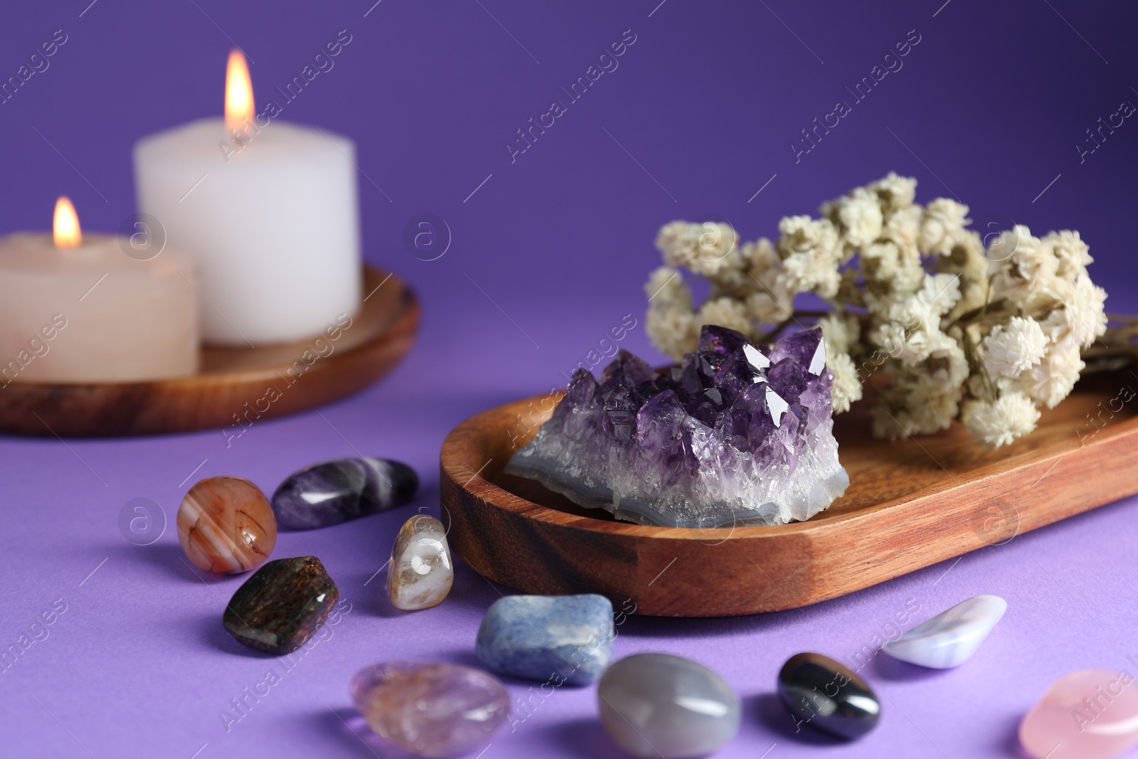 Photo of Different beautiful gemstones, flowers and burning candles on purple background, closeup