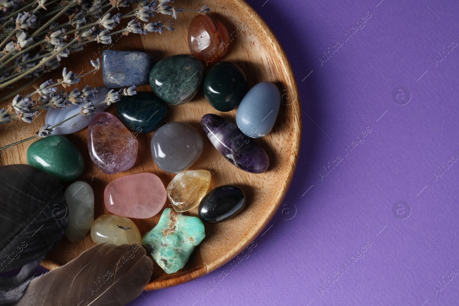 Photo of Different beautiful gemstones, feathers and lavender flowers on purple background, top view. Space for text