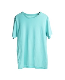 Photo of Light blue t-shirt isolated on white. Mockup for design