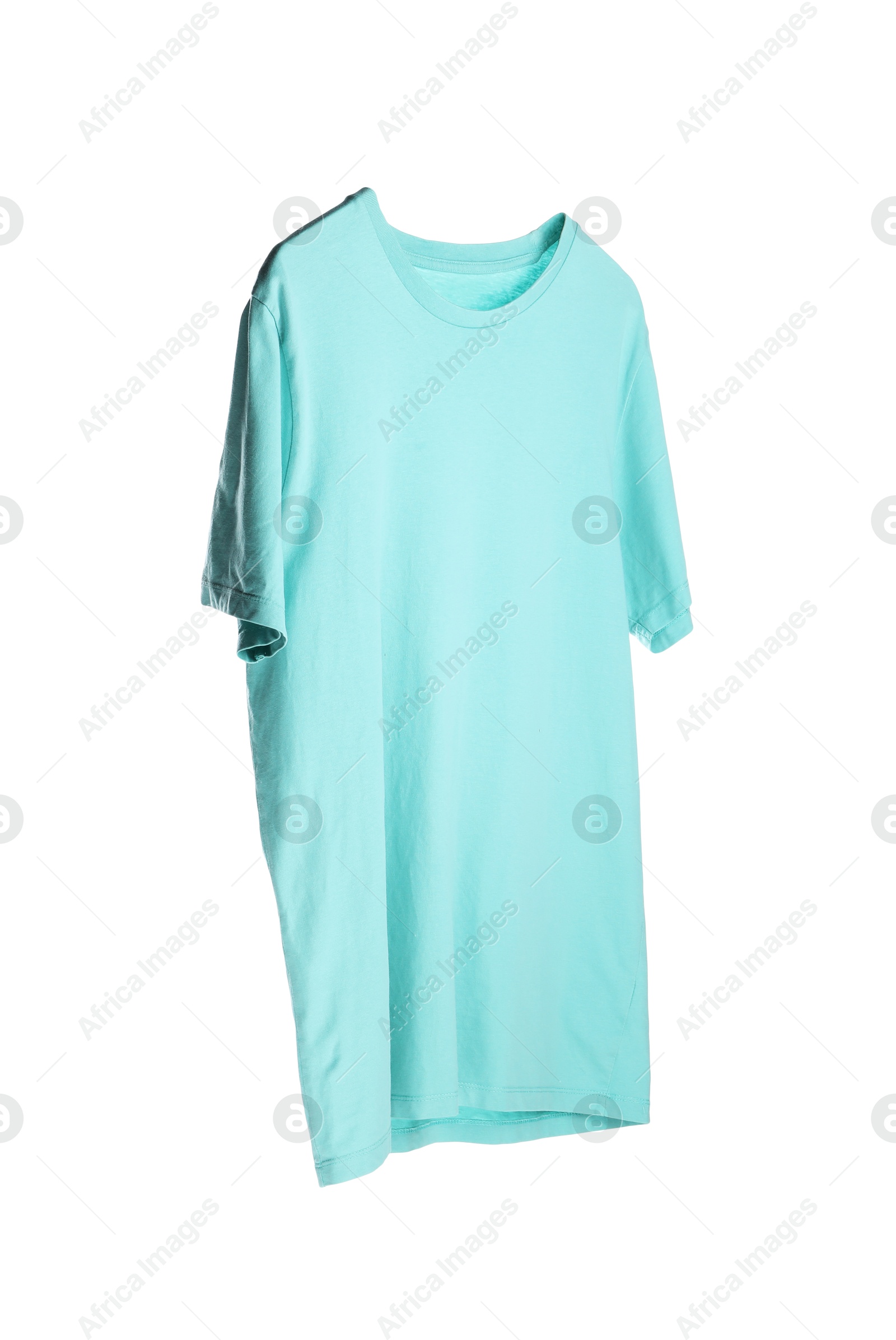 Photo of Light blue t-shirt isolated on white. Mockup for design