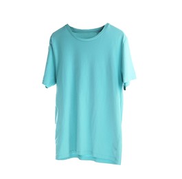Photo of Light blue t-shirt isolated on white. Mockup for design