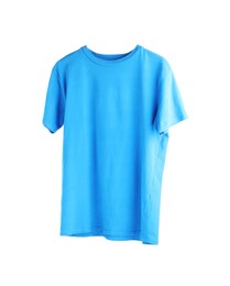 Photo of Light blue t-shirt isolated on white. Mockup for design