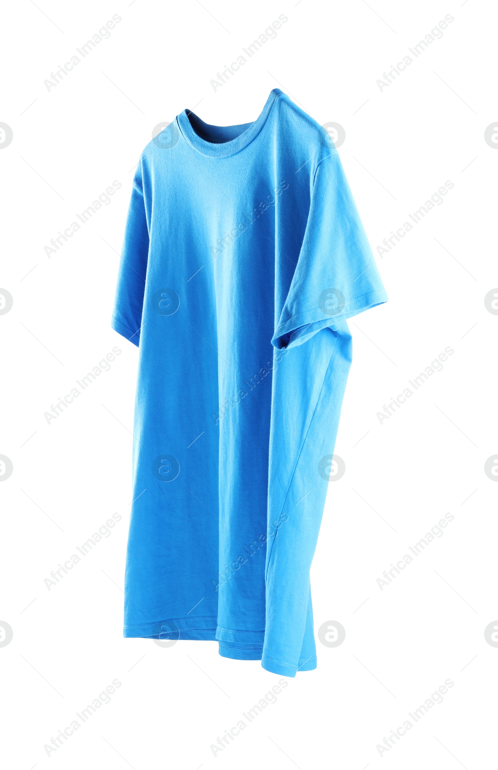 Photo of Light blue t-shirt isolated on white. Mockup for design